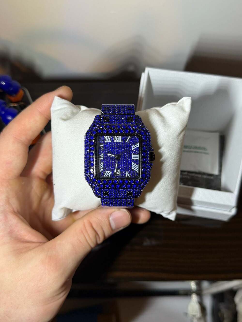 Fashion Watches Blue Iced Out Square Dial Roman Numerals Quartz Watch